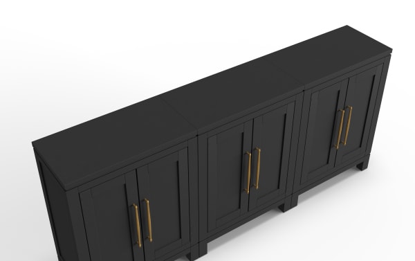 Black modern sideboard cabinet with three compartments, gold metal handles, and a matte finish, ideal for contemporary living spaces.