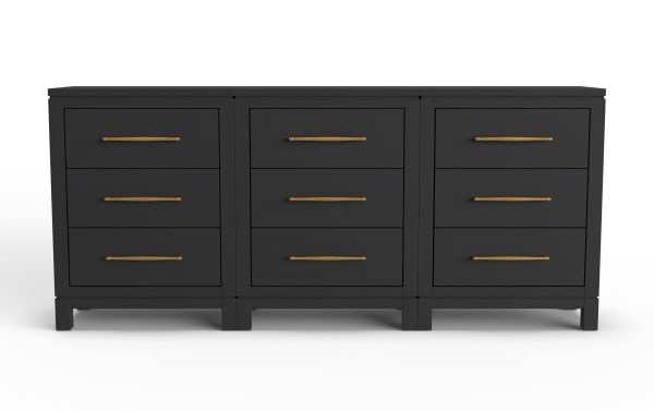 Black wooden dresser with nine drawers, featuring sleek gold handles and a modern, minimalist design ideal for bedroom storage.