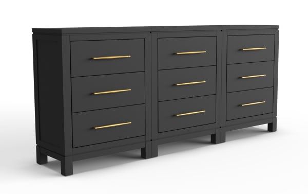 Modern black wooden dresser with nine drawers, featuring sleek gold handles and a minimalist design, ideal for bedroom storage.