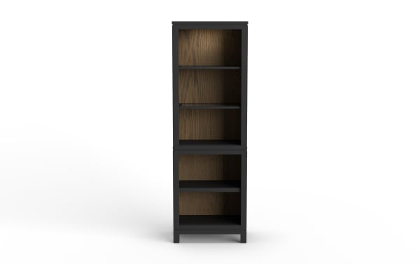 Tall black wooden bookshelf with six open shelves, featuring a dark wood grain back panel, designed for modern storage and display.