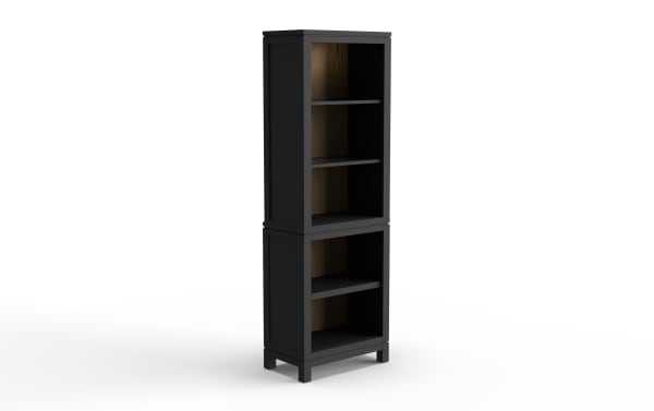 Tall black wooden bookshelf with two sections, featuring multiple open shelves and a dark wood back panel, suitable for home or office storage.