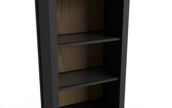 Black wooden bookshelf with three shelves and a dark wood grain back panel, suitable for home or office storage and display.