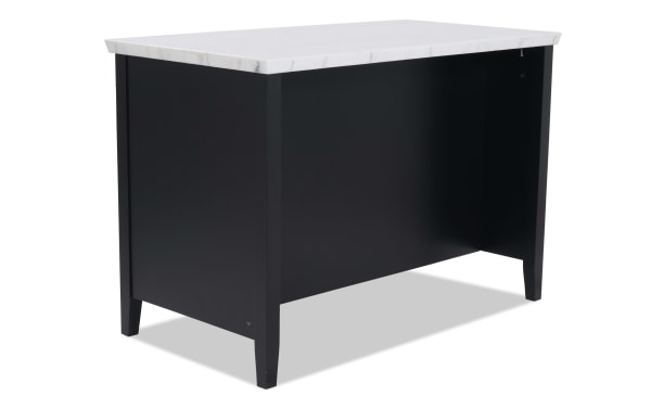 Black wooden kitchen island with white marble countertop, featuring a simple, modern design and sturdy legs.