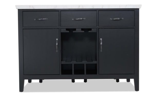 Black wooden bathroom vanity with white marble countertop, featuring three top drawers, two cabinet doors, and central open shelving with wine rack.