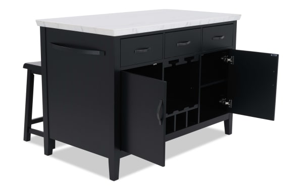 Black kitchen island with white marble countertop, featuring three drawers, two open cabinet doors, built-in wine rack, and matching black stool.