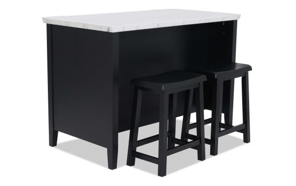 Black kitchen island with white marble countertop and two matching black wooden stools, modern compact dining set for small spaces.