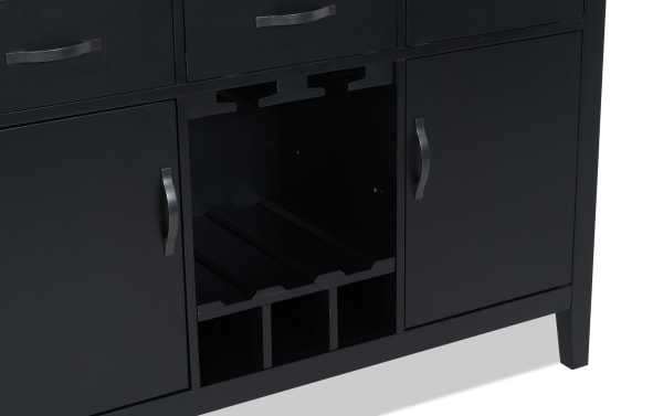 Black wooden cabinet with metal handles, featuring two closed doors and a central open wine rack with slots for bottles.