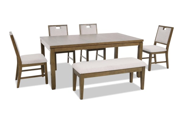 Dining set with a rectangular wooden table, four wooden chairs with beige upholstered seats and backs, and a matching upholstered bench.