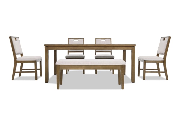 Dining set with a rectangular wooden table, four beige upholstered chairs with wooden frames, and a matching upholstered bench.