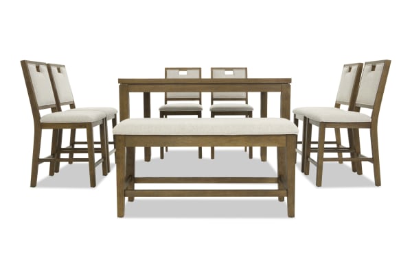 Dining set with a rectangular wooden table, six beige upholstered chairs, and a matching bench with cushioned seat, featuring a modern rustic design.