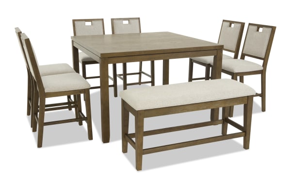 Dining set with a square wooden table, six beige cushioned chairs, and a matching cushioned bench, featuring a modern rustic style.