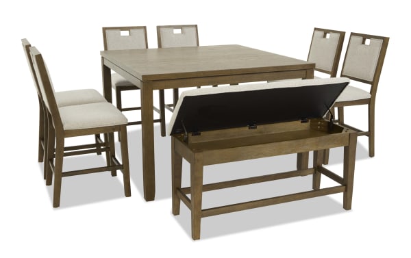 Dining set with a square wooden table, six beige upholstered chairs, and a wooden bench with storage under the cushioned seat.