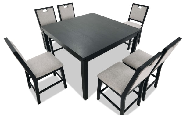 Black wooden square dining table with six cushioned chairs featuring light beige upholstery and modern cutout backrests, ideal for contemporary dining spaces.