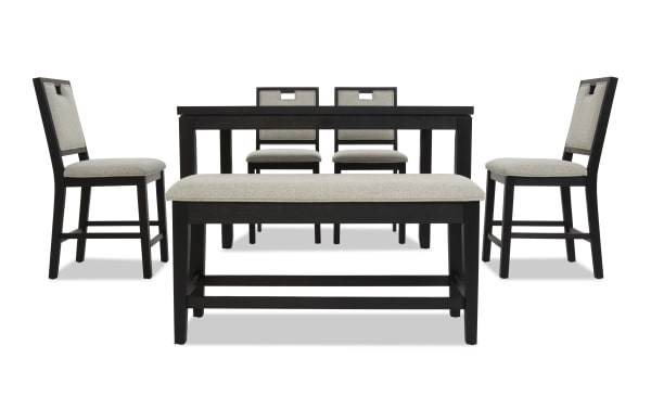 Dark wood dining set with beige upholstered chairs and bench, featuring a rectangular table and modern, cushioned seating for six.