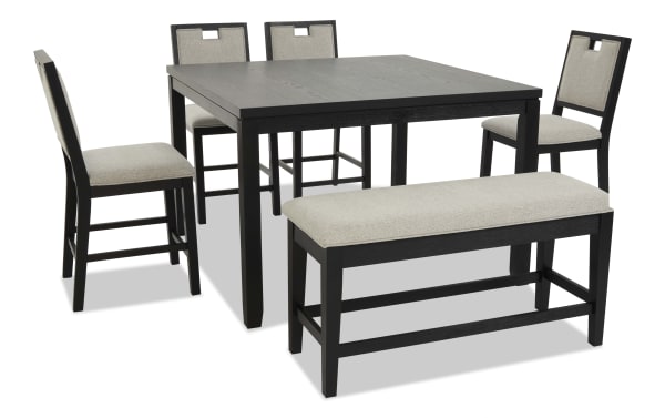 Dark wood dining set with square table, four beige upholstered chairs, and a matching bench, featuring modern design and fabric seats.