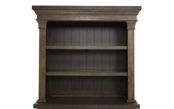 Rustic wooden bookshelf with two shelves, dark brown finish, paneled back, and decorative crown molding, suitable for home or office storage.