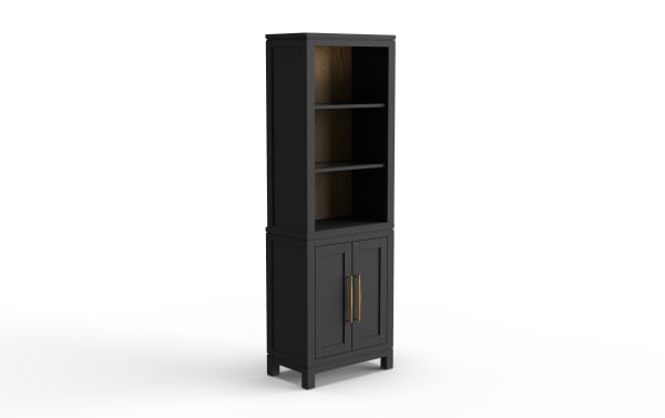 Tall black wooden storage cabinet with two open shelves on top and double doors with brass handles below, featuring a dark wood back panel.