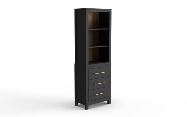 Tall black wooden cabinet with two open shelves on top and three drawers below, featuring gold handles and a dark wood interior back panel.