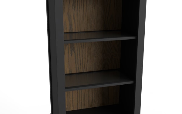 Black wooden bookshelf with two dark shelves and a wood-grain back panel, designed for modern home or office storage.