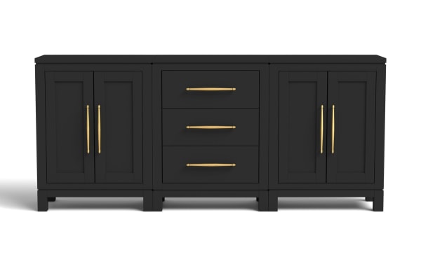Black wooden sideboard with three central drawers and two double-door cabinets on each side, featuring gold metal handles, modern design.
