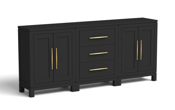Black wooden sideboard with gold handles, featuring two double-door cabinets and three central drawers, modern storage furniture.