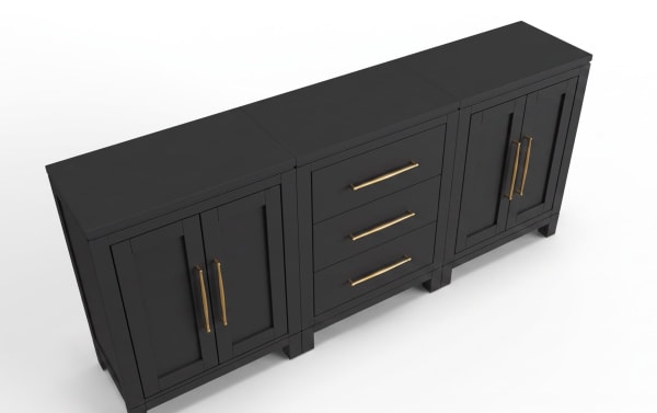 Modern black wooden sideboard with gold handles, featuring two double-door cabinets and three central drawers, ideal for stylish storage.