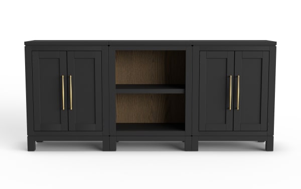 Black wooden sideboard with two double-door cabinets on each side, open middle shelving with wood grain back, and gold vertical handles.