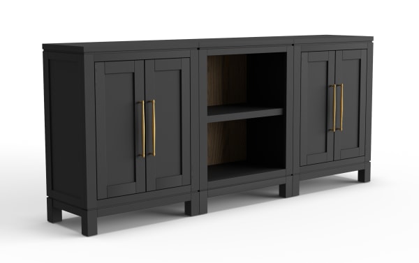 Black wooden sideboard with matte finish, featuring two double-door cabinets with brass handles and an open central shelf, ideal for modern living rooms.