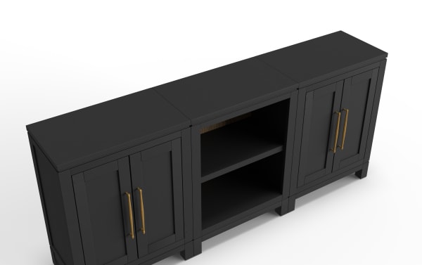 Black wooden TV stand with two cabinets featuring gold handles and a central open shelving unit, showcasing a modern, minimalist design.