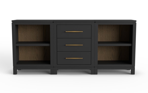 Black wooden sideboard with three central drawers featuring gold handles, flanked by open shelving with dark wood back panels, modern storage furniture.