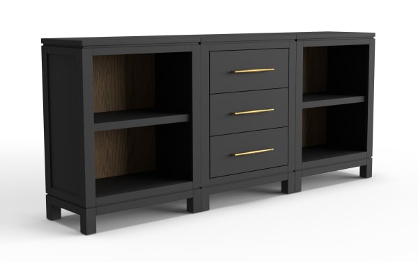 Black wooden sideboard with two open shelves on each side and three central drawers featuring gold handles, modern storage furniture.