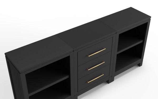Black modern storage cabinet with two open shelves on each side and three central drawers featuring gold handles, sleek matte finish.