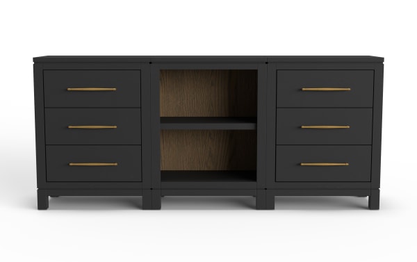 Black wooden sideboard with six gold-handled drawers and a central open shelving unit with two shelves, featuring a modern design.
