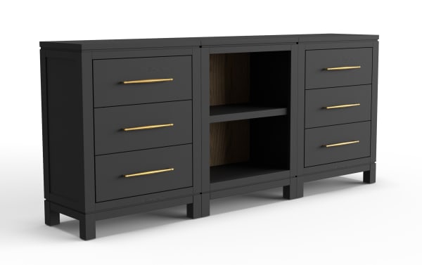 Black wooden sideboard with six gold handles, three drawers on each side, and an open central shelf with a dark wood back panel.