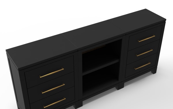 Black wooden sideboard with three gold handles on each of the six drawers and an open central shelving unit, modern design.