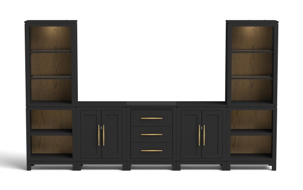 Black wooden entertainment center with gold handles, featuring two tall open shelves, two lower open shelves, two double-door cabinets, and three central drawers.