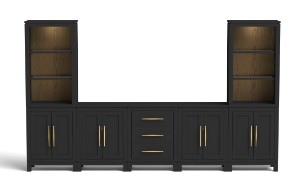 Black wooden entertainment center with matte finish, featuring two tall open shelves with warm wood backing, four double-door cabinets, and three central drawers with gold handles. Designed for living room storage and media organization.