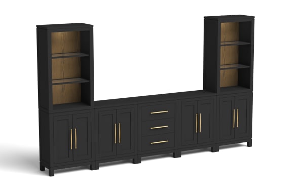 Black wooden storage cabinet with gold handles, featuring two tall open shelves with wood back panels, four lower cabinets, and three central drawers.
