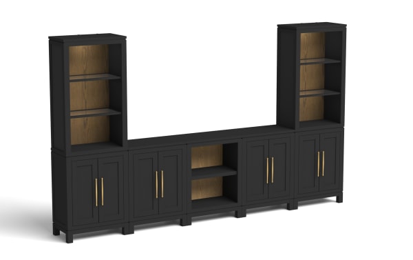 Black wooden entertainment center with gold handles, featuring two tall cabinets with shelves, four lower cabinets, and a central open shelving unit with wood grain backing.
