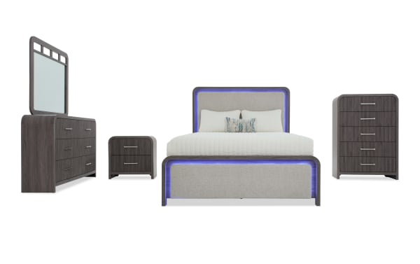 Cascade 5 Piece Twin Gray & Beige Upholstered Panel Bedroom Set in transitional style, featuring beige polyester fabric, MDF, engineered wood grain, built-in USB ports, touch LED lighting, reeded detailing, and felt-lined drawers.