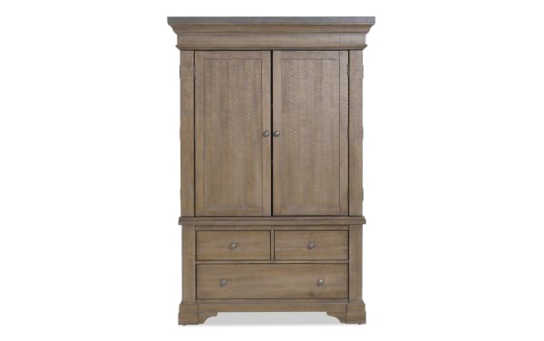 Rustic wooden armoire with two paneled doors and three drawers, featuring metal knobs and a natural brown finish, ideal for bedroom storage.