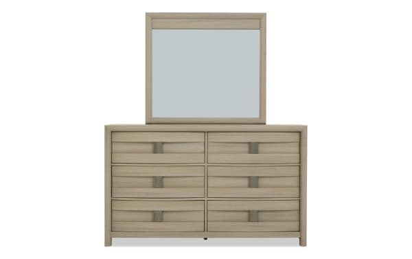 Light wood dresser with six drawers and matching rectangular mirror, featuring a modern design with integrated handles, ideal for bedroom storage.