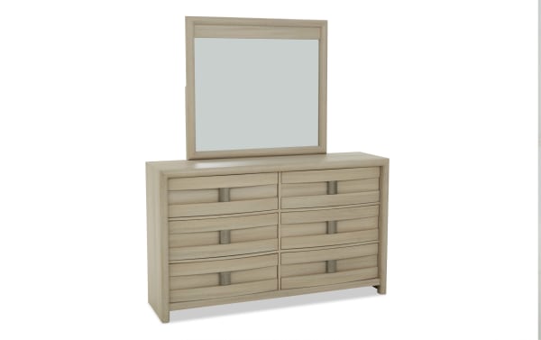 Light wood dresser with six drawers and a matching rectangular mirror, featuring a modern, minimalist design suitable for bedroom storage.