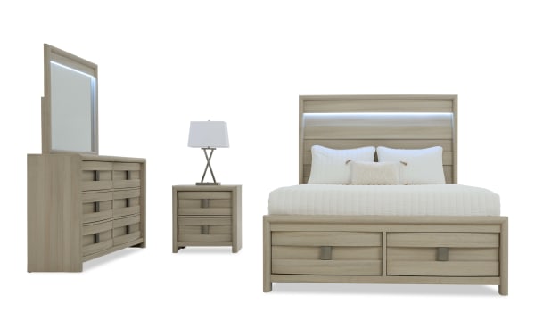 Modern bedroom set with light wood finish, featuring a king bed with LED-lit headboard, matching dresser with mirror, and two-drawer nightstand.