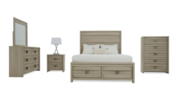 Modern bedroom furniture set in light wood finish, including a bed with storage drawers, dresser with mirror, nightstand, and chest of drawers.
