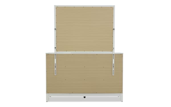 Back view of a modern white and light wood TV stand or media console with adjustable mounting brackets, showcasing durable wood panels and metal frame.