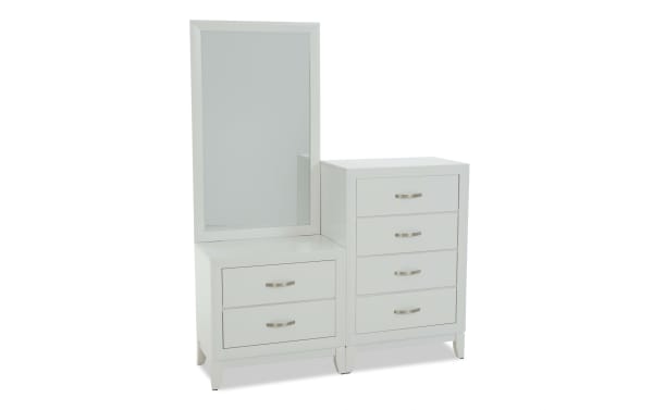 White wooden dresser with a tall rectangular mirror on the left side, featuring two drawers below the mirror and four drawers on the right.