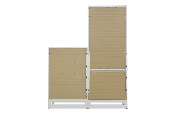 Wooden modular storage cabinet with light oak finish and white frame, featuring multiple compartments and a modern, minimalist design.