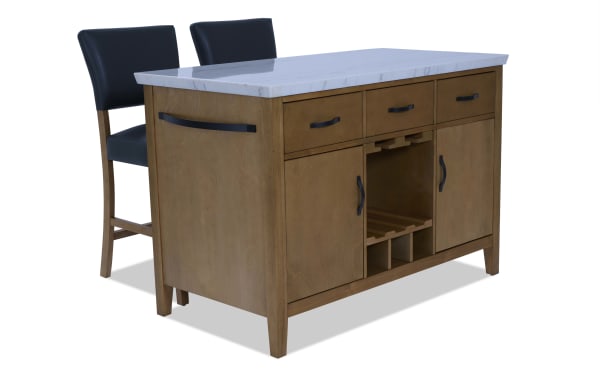 Wooden bathroom vanity with a white marble countertop, three drawers, two cabinet doors, and a central wine rack with black metal handles.