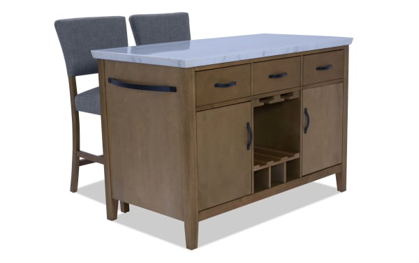 Wooden bathroom vanity cabinet with a white marble countertop, three drawers, two doors, and a central wine rack storage.